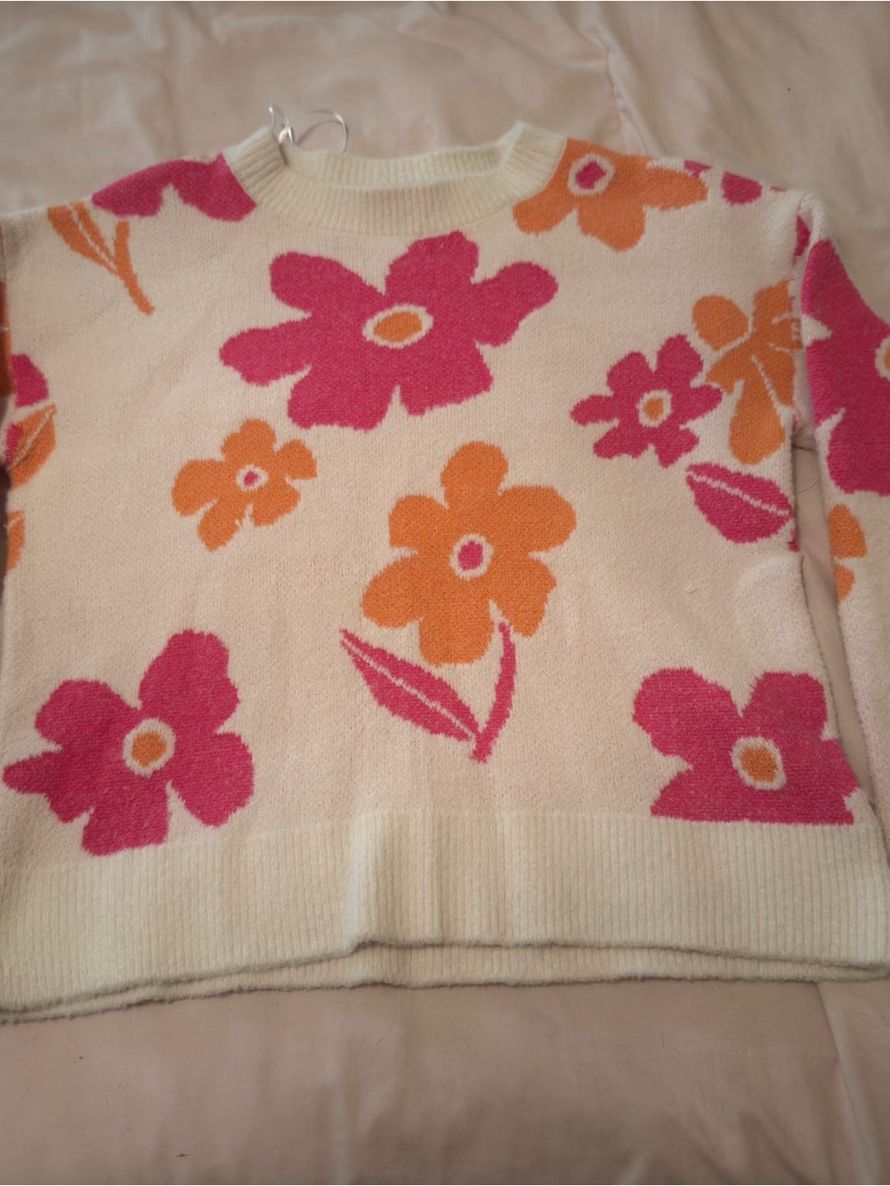 Cream Floral Crewneck Sweater with Pink and Orange Flowers